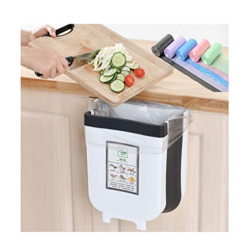 HorBous Kitchen Hanging Trash Can, Foldable Trash Bin, Small Portable Collapsible Waste Bins for Cabinet, Car Bedroom+30 Garbage Bags (White)