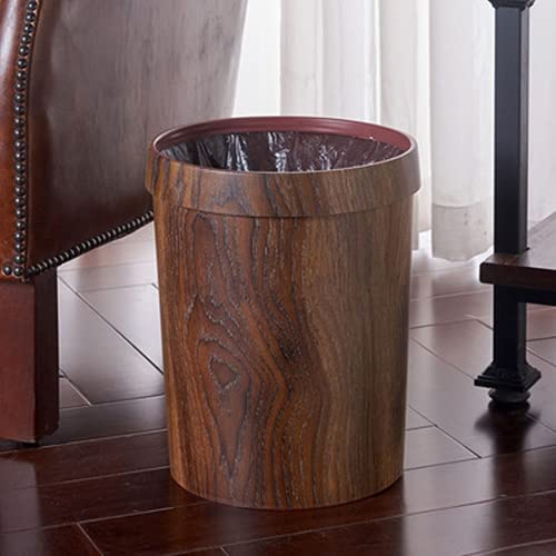 1PC Wood Grain Trash can Retro Plastic Trash can Round Plastic Trash can Living Room Kitchen Toilet Plastic Trash can