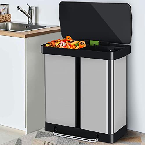 Kitchen Trash Can Stainless Steel 16 Gallon/ 60L Step Garbage Bin Dual Compartment Trash Bin Rectangular Classified Pedal Step Recycle Garbage Can Rubbish Bin w/ Lid & Removable Inner Buckets(2X30L)