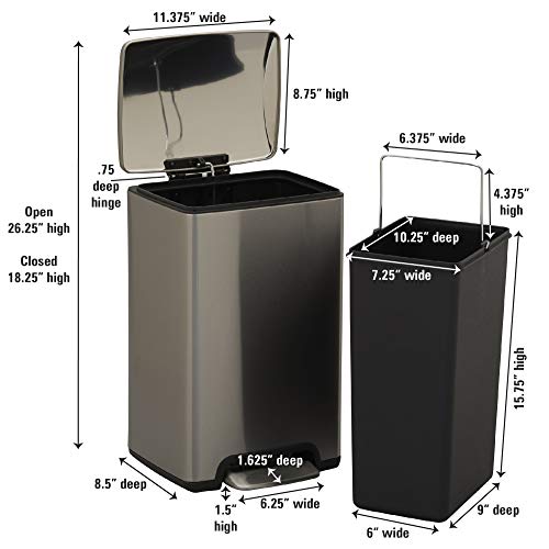 Design Trend Silver Stainless Steel Rectangular Trash Can with Lid and Step Pedal | 15 L