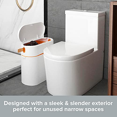 Modern Trash Can with Lid - Oval Slim Bathroom Trash Can w/ Automatic Push Open Cover - Touchless Waste Basket w/ Drawstring Plastic Trash Bag - 13.6x5.9x13.4in White Trash Can - Waterproof Trash Bin