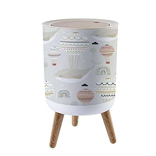 Press Cover Round Trash Bin with Legs Seamless Childish with Sleeping Whales hot air Balloons Creative Kids Push Top Trash Can with Lid Dog Proof Garbage Can Wastebasket for Living Room 7L/1.8 Gallon