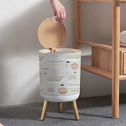 Press Cover Round Trash Bin with Legs Seamless Childish with Sleeping Whales hot air Balloons Creative Kids Push Top Trash Can with Lid Dog Proof Garbage Can Wastebasket for Living Room 7L/1.8 Gallon