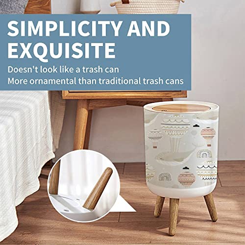 Press Cover Round Trash Bin with Legs Seamless Childish with Sleeping Whales hot air Balloons Creative Kids Push Top Trash Can with Lid Dog Proof Garbage Can Wastebasket for Living Room 7L/1.8 Gallon