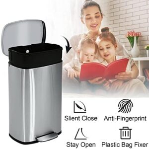 Tyyps Step Trash Can 13 Gallon/50L Stainless Steel Rectangular Kitchen Metal Garbage Recycle Dustbin Container with lid Removable Inner Pedal Handle for Home Office Bathroom Restroom, Silver