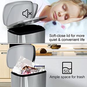 Tyyps Step Trash Can 13 Gallon/50L Stainless Steel Rectangular Kitchen Metal Garbage Recycle Dustbin Container with lid Removable Inner Pedal Handle for Home Office Bathroom Restroom, Silver