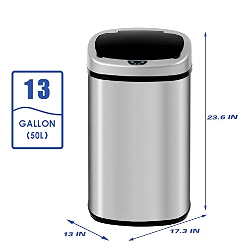 Trash Can,13 Gallon Automatic Garbage Can,Kitchen Trash Can with Lid,Modern Style Touch Free High-Capacity Brushed Stainless Steel Waste Bin,for Bathroom Kitchen Office Home,Indoor and Outdoor