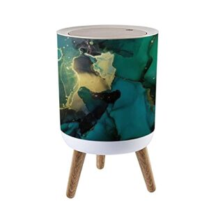 Trash Can with Lid Luxury Abstract Fluid Art Painting Alcohol Ink Technique Green and Press Cover Small Garbage Bin Round with Wooden Legs Waste Basket for Bathroom Kitchen Bedroom 7L/1.8 Gallon