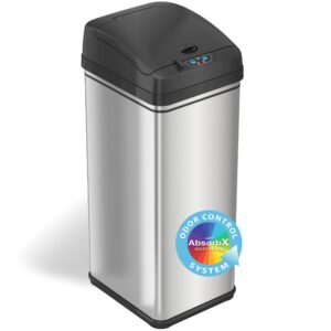 iTouchless 13 Gallon Stainless Steel Kitchen Trash Can with AbsorbX Odor Filter System, Powered by Batteries (not Included) or Optional AC Adapter (Sold Separately)