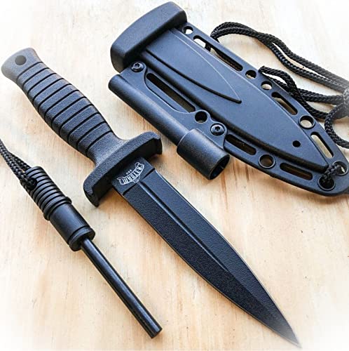 New 7" Double Edge Military Tactical Hunting Dagger Neck Knife + Fire Starter Stick Camping Outdoor Pro Tactical Elite Knife BLDA-0055