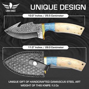 Lara Eagle Damascus Skinner Gut hook Knife, Damascus Handmade Fixed Blade Hunting Knife With Camel Bone and Turquoise Handle, Full Tang Handmade Viking Knife For Men, Best for Hunting/Camping.