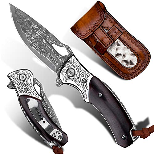 TURENZ Handmade Damascus Steel Flipper Folding Knife with Pocket Clip, Liner Lock, Tactical Knife for Camping, Hunting, Fishing and EDC (Black & White)