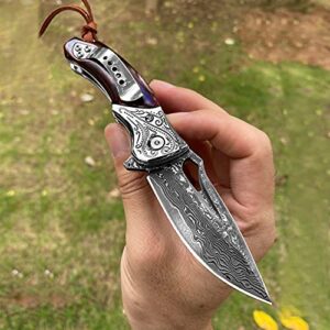 TURENZ Handmade Damascus Steel Flipper Folding Knife with Pocket Clip, Liner Lock, Tactical Knife for Camping, Hunting, Fishing and EDC (Black & White)