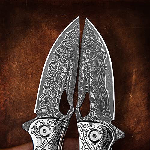 TURENZ Handmade Damascus Steel Flipper Folding Knife with Pocket Clip, Liner Lock, Tactical Knife for Camping, Hunting, Fishing and EDC (Black & White)