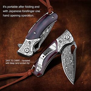 TURENZ Handmade Damascus Steel Flipper Folding Knife with Pocket Clip, Liner Lock, Tactical Knife for Camping, Hunting, Fishing and EDC (Black & White)