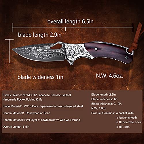 TURENZ Handmade Damascus Steel Flipper Folding Knife with Pocket Clip, Liner Lock, Tactical Knife for Camping, Hunting, Fishing and EDC (Black & White)