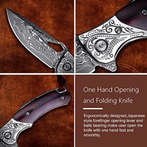 TURENZ Handmade Damascus Steel Flipper Folding Knife with Pocket Clip, Liner Lock, Tactical Knife for Camping, Hunting, Fishing and EDC (Black & White)