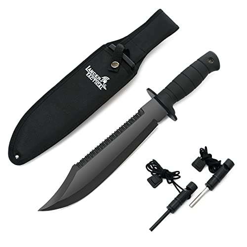 LANCERGEAR Survival Hunting Knife with Sheath, 15" Stainless Steel Fixed Blade, Black Rubber Non-slip Handle, Suitable for Camping, Hunting and Adventure, Cool Knife Gift for Men