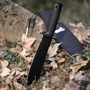 LANCERGEAR Survival Hunting Knife with Sheath, 15" Stainless Steel Fixed Blade, Black Rubber Non-slip Handle, Suitable for Camping, Hunting and Adventure, Cool Knife Gift for Men