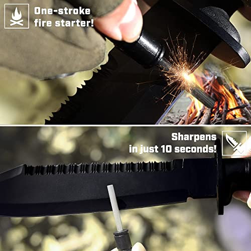 LANCERGEAR Survival Hunting Knife with Sheath, 15" Stainless Steel Fixed Blade, Black Rubber Non-slip Handle, Suitable for Camping, Hunting and Adventure, Cool Knife Gift for Men