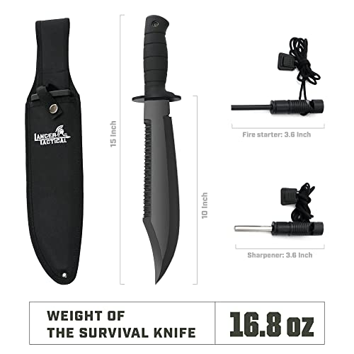 LANCERGEAR Survival Hunting Knife with Sheath, 15" Stainless Steel Fixed Blade, Black Rubber Non-slip Handle, Suitable for Camping, Hunting and Adventure, Cool Knife Gift for Men