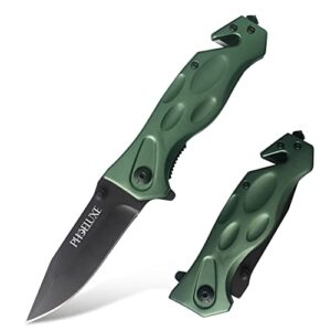phoeluxe pocket folding knife –edc knife,tactical knife,hunting knife.green aluminum handle 3cr13mov blade.thumb stud assisted opening knifes with liner lock,rope cutter,glass breaker and pocketclip.good for camping,hiking,indoor and outdoor.