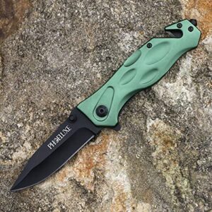 PHOELUXE Pocket Folding Knife –EDC Knife,Tactical Knife,Hunting Knife.Green Aluminum Handle 3Cr13Mov Blade.Thumb stud Assisted Opening Knifes with Liner Lock,Rope Cutter,Glass Breaker and Pocketclip.Good for Camping,Hiking,Indoor and Outdoor.