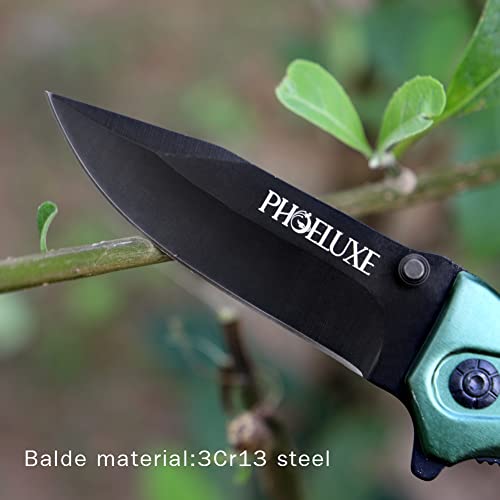 PHOELUXE Pocket Folding Knife –EDC Knife,Tactical Knife,Hunting Knife.Green Aluminum Handle 3Cr13Mov Blade.Thumb stud Assisted Opening Knifes with Liner Lock,Rope Cutter,Glass Breaker and Pocketclip.Good for Camping,Hiking,Indoor and Outdoor.