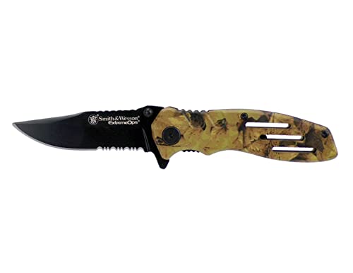 Smith & Wesson Extreme Ops SWA24S S.S. Folding , Tactical Knife with 3.1in Serrated Clip Point Blade, Aluminum Handle for Survival , Hunting Knife as Pocket Knife for Men Camouflage