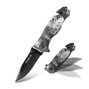 phoeluxe pocket folding knife –edc knife,tactical knife,hunting knife. feather pattern aluminum handle 3cr13mov blade. speed safe spring assisted opening knifes with liner lock,thumb stud,rope cutter,glass breaker and pocketclip for indoor outdoor