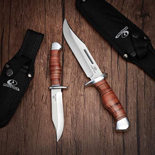 Mossy Oak 2-piece Bowie Knife, Fixed Blade Hunting Knife with Leather Handle, Sheath Included