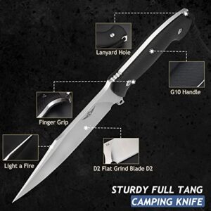 KOMWERO 10.2" Fixed Blade Hunting Camping Outdoor Knife, Sharp D2 Steel Blade Full Tang Survival Knife with Kydex Sheath Horizontal & Vertical Black G10 Handle, Cool Gifts for Men (Silver)