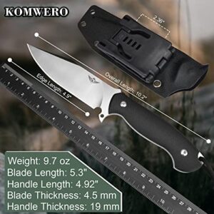 KOMWERO 10.2" Fixed Blade Hunting Camping Outdoor Knife, Sharp D2 Steel Blade Full Tang Survival Knife with Kydex Sheath Horizontal & Vertical Black G10 Handle, Cool Gifts for Men (Silver)