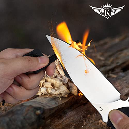 KOMWERO 10.2" Fixed Blade Hunting Camping Outdoor Knife, Sharp D2 Steel Blade Full Tang Survival Knife with Kydex Sheath Horizontal & Vertical Black G10 Handle, Cool Gifts for Men (Silver)