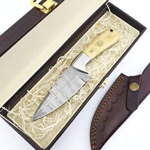 knife4u damascus hunting knife with sheath|8″best camping,hiking,tactical,survival knife for men|edc bushcraft accessories tool|sharp blade with natural handle and knife display box (camel bone)