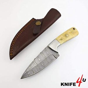 Knife4U Damascus Hunting Knife With Sheath|8"Best Camping,Hiking,Tactical,Survival Knife For Men|EDC Bushcraft Accessories Tool|Sharp Blade With Natural Handle And Knife Display Box (Camel Bone)