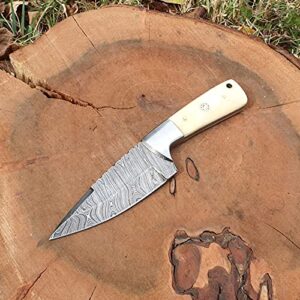 Knife4U Damascus Hunting Knife With Sheath|8"Best Camping,Hiking,Tactical,Survival Knife For Men|EDC Bushcraft Accessories Tool|Sharp Blade With Natural Handle And Knife Display Box (Camel Bone)