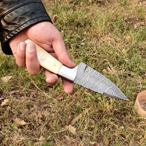 Knife4U Damascus Hunting Knife With Sheath|8"Best Camping,Hiking,Tactical,Survival Knife For Men|EDC Bushcraft Accessories Tool|Sharp Blade With Natural Handle And Knife Display Box (Camel Bone)