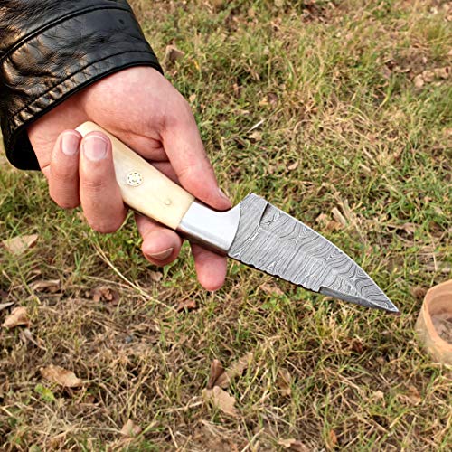 Knife4U Damascus Hunting Knife With Sheath|8"Best Camping,Hiking,Tactical,Survival Knife For Men|EDC Bushcraft Accessories Tool|Sharp Blade With Natural Handle And Knife Display Box (Camel Bone)