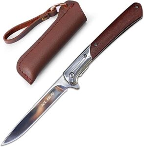 wlikn pocket folding knife with belt clip, 8.6in 3cr15mov stainless steel blade camping knife, wood handle, edc outdoor hunting tactical folding knife low profile slim pocket knife for men