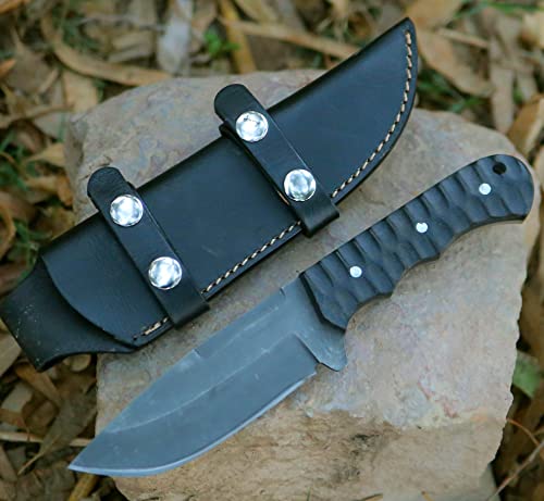 DNT BLADES Hunting knife with Sheath Acid Wash Camping fixed-Blade Knives Carbon Steel Survival Bushcraft knife with Micarta Handle