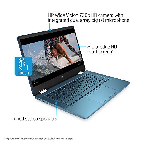 HP Laptop X360 14a Chromebook 14" HD Touchscreen, Entertaining from Any Angle Intel Celeron, 4GB LPDDR4 64GB eMMC WiFi Webcam Stereo Speakers Bluetooth 4.2 Chrome Blue Metallic Color (Renewed)