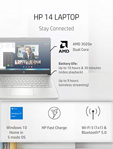 HP 14 Laptop, AMD 3020e, 4 GB RAM, 64 GB eMMC Storage, 14-inch HD Display, Windows 10 Home in S Mode, Long Battery Life, Microsoft 365, (14-fq0070nr, 2020)