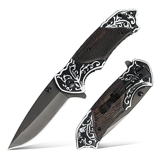 Dispatch 4.5 Inch Folding Pocket Knife with Stainless Steel Titanium Plated Blade, Chicken Wing Wood Handle with Aluminum Piece Head and Tail for Survival, Hunting, Tactical, Outdoor Camping EDC Tool