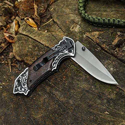 Dispatch 4.5 Inch Folding Pocket Knife with Stainless Steel Titanium Plated Blade, Chicken Wing Wood Handle with Aluminum Piece Head and Tail for Survival, Hunting, Tactical, Outdoor Camping EDC Tool