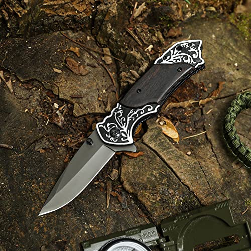 Dispatch 4.5 Inch Folding Pocket Knife with Stainless Steel Titanium Plated Blade, Chicken Wing Wood Handle with Aluminum Piece Head and Tail for Survival, Hunting, Tactical, Outdoor Camping EDC Tool