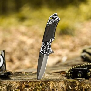Dispatch 4.5 Inch Folding Pocket Knife with Stainless Steel Titanium Plated Blade, Chicken Wing Wood Handle with Aluminum Piece Head and Tail for Survival, Hunting, Tactical, Outdoor Camping EDC Tool