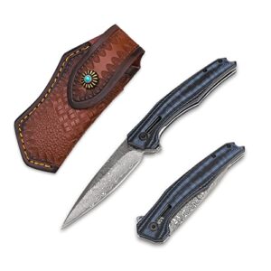 stanbik edc damascus pocket knife with sheath ,black and blue handle with clip,3.46″ damascu blade folding knife for outdoor survival hunting hiking fishing camping.