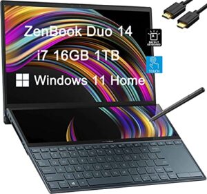 asus zenbook duo 14 ux482 fhd touchscreen (intel 4-core i7-1165g7, 16gb ram, 1tb ssd) business laptop, innovative screenpad plus, backlit keyboard, thunderbolt 4, webcam, ist hdmi, stylus, win 11 home