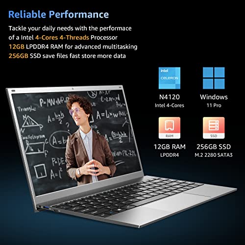 Tulasi 12GB RAM 256GB SSD Intel Celeron N4120 Quad-Core Windows 11 Laptop Computers, 14 inch Full HD 1080P IPS Display Ultra Slim Laptop, 2.4G/5G WiFi, Bluetooth 4.2, Webcam, Long Battery Life